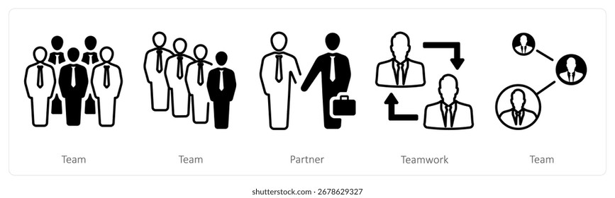 Un conjunto de 5 iconos de mezcla como equipo, socio, trabajo en equipo