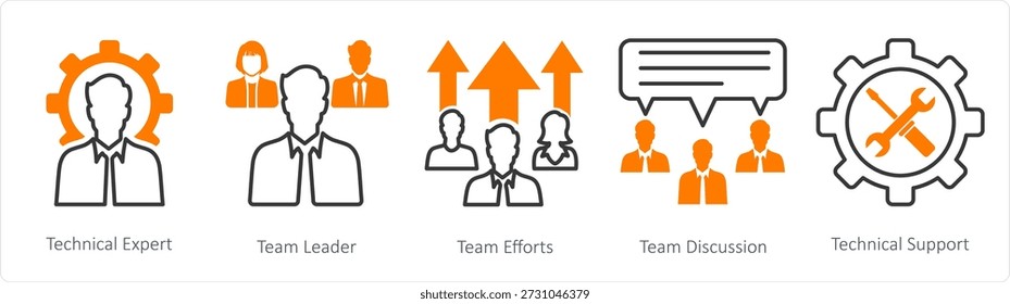 A set of 5 mix icons as technical expert, team leader, team efforts