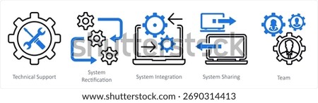 A set of 5 mix icons as technical support, system rectification, system integration