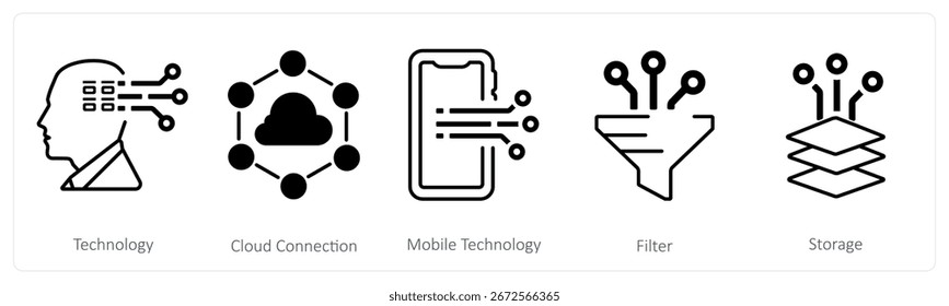 A set of 5 mix icons as technology, cloud connection, mobile technology