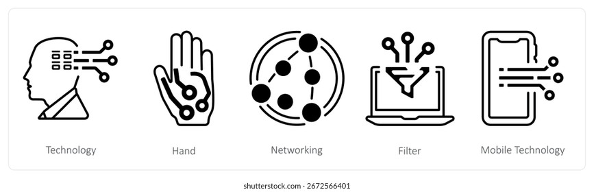 Un conjunto de 5 iconos de mezcla como tecnología, mano, redes