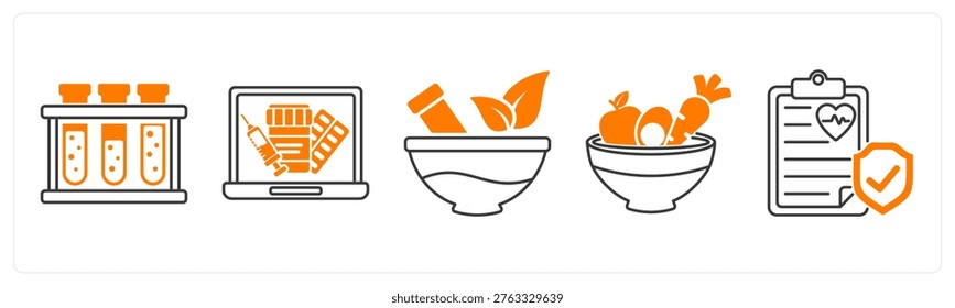 A set of 5 mix icons as test tubes, online pharmacy, ayurvedic medicine