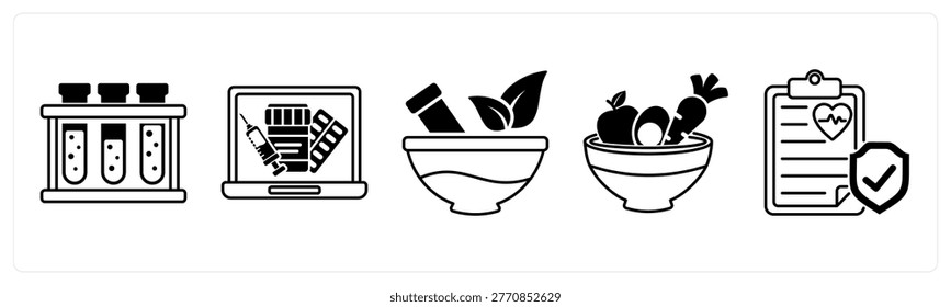 A set of 5 mix icons as test tubes, online pharmacy, ayurvedic medicine