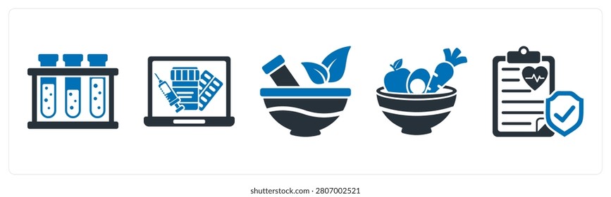 A set of 5 mix icons as test tubes, online pharmacy, ayurvedic medicine