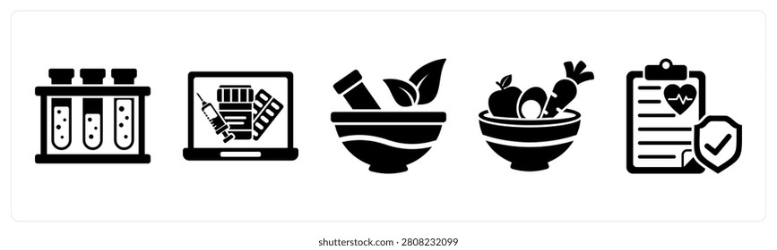 A set of 5 mix icons as test tubes, online pharmacy, ayurvedic medicine