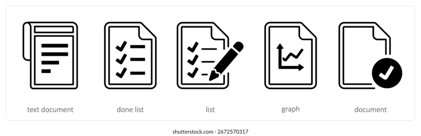 Um conjunto de 5 ícones mistos como documento de texto, lista concluída, lista