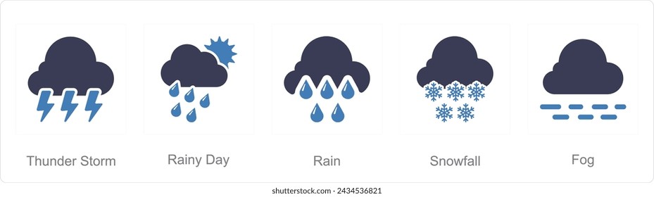 A set of 5 Mix icons as thunderstorm, rainy day, rain