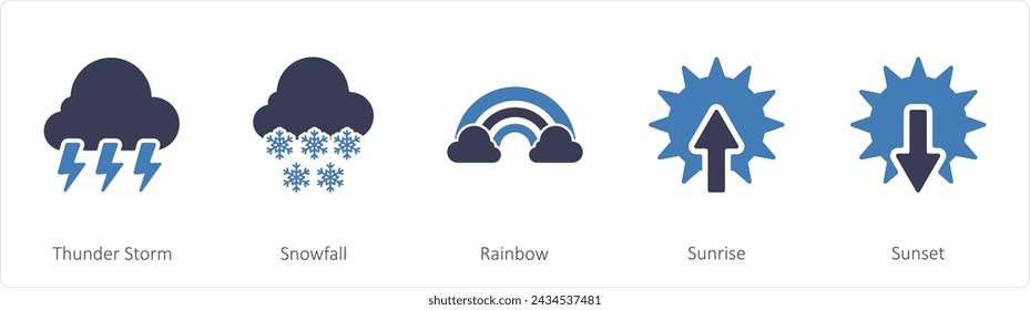 A set of 5 mix icons as thunderstorm, snowfall, rainbow