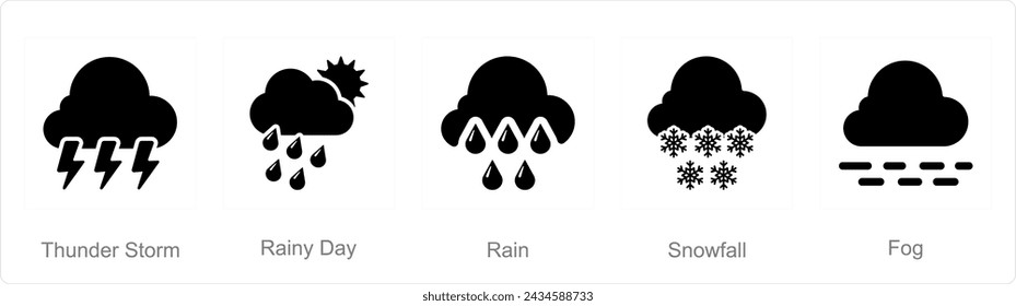 A set of 5 Mix icons as thunderstorm, rainy day, rain