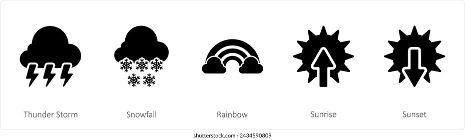 A set of 5 mix icons as thunderstorm, snowfall, rainbow