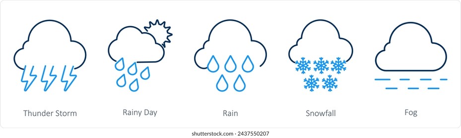 A set of 5 Mix icons as thunderstorm, rainy day, rain