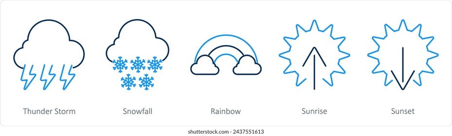 A set of 5 mix icons as thunderstorm, snowfall, rainbow