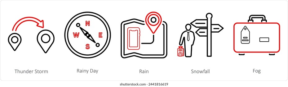 A set of 5 Mix icons as thunderstorm, rainy day, rain