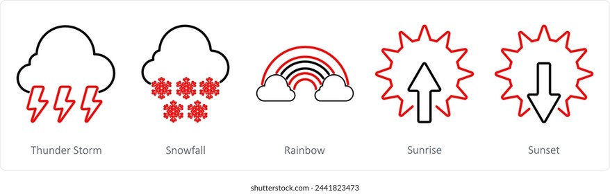 A set of 5 mix icons as thunderstorm, snowfall, rainbow