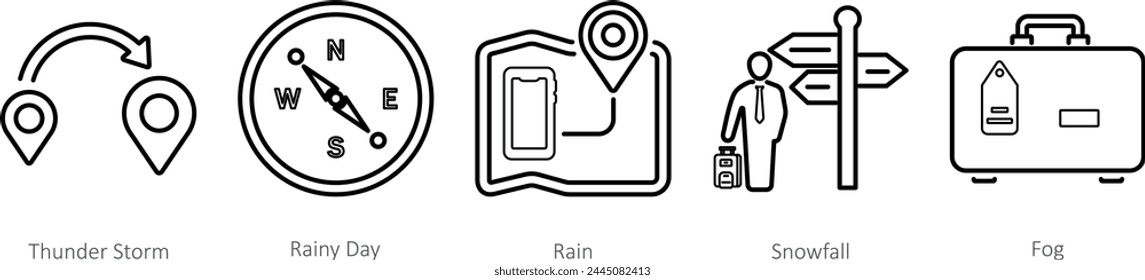 A set of 5 Mix icons as thunderstorm, rainy day, rain