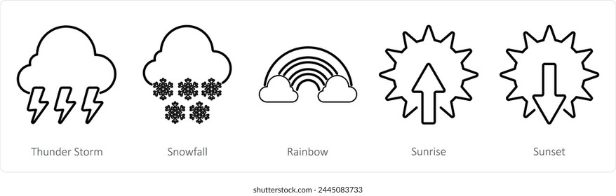 A set of 5 mix icons as thunderstorm, snowfall, rainbow