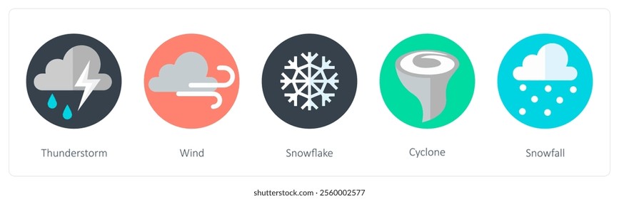 A set of 5 mix icons as thunderstorm, wind, snowflake