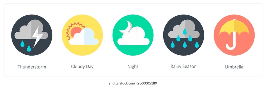 A set of 5 mix icons as thunderstorm, cloudy day, night