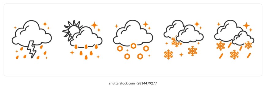 A set of 5 mix icons as thunderstorm, downpour, hail in red color