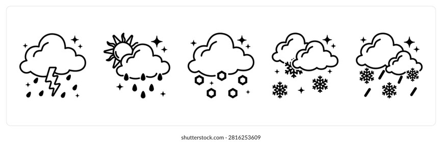 A set of 5 mix icons as thunderstorm, downpour, hail in red color