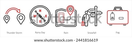 A set of 5 Mix icons as thunderstorm, rainy day, rain