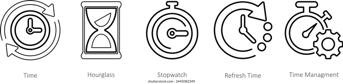 Un conjunto de 5 iconos de mezcla como el tiempo, reloj de arena, cronómetro