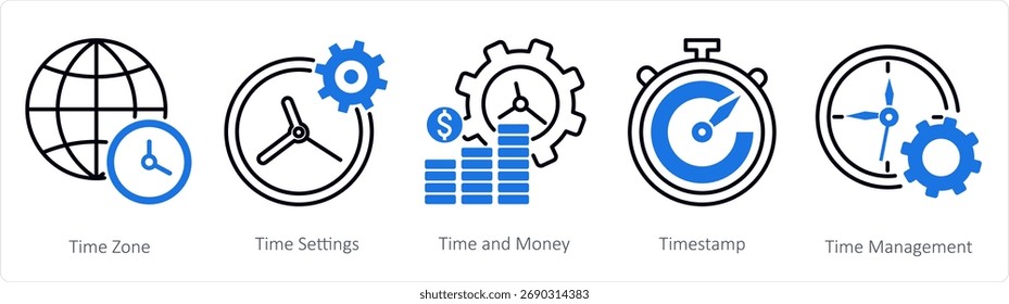 Un conjunto de 5 iconos de mezcla como zona horaria, Configuraciones horarias, tiempo y dinero