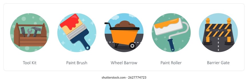 A set of 5 mix icons as tool kit, paint brush, paint roller