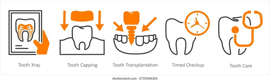 Um conjunto de 5 ícones mistos como raio-x do dente, tampa do dente, transplante do dente