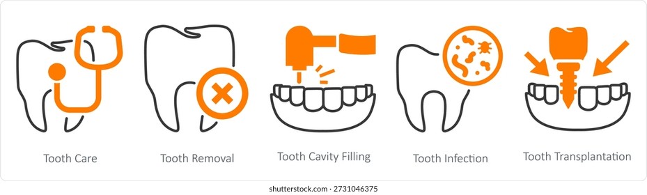 Um conjunto de 5 ícones de mistura como cuidados dentários, remoção de dentes, cavidade dentária