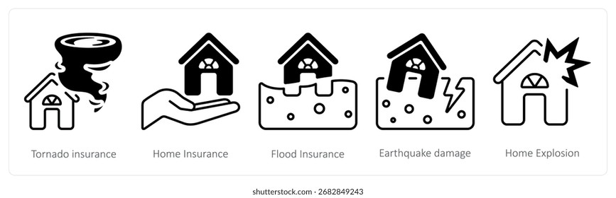 Un conjunto de 5 iconos de mezcla como seguro de tornado, seguro de hogar, seguro contra inundaciones