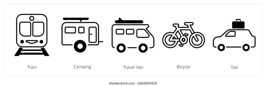 Un conjunto de 5 iconos de mezcla como tren, camping, furgoneta de viaje