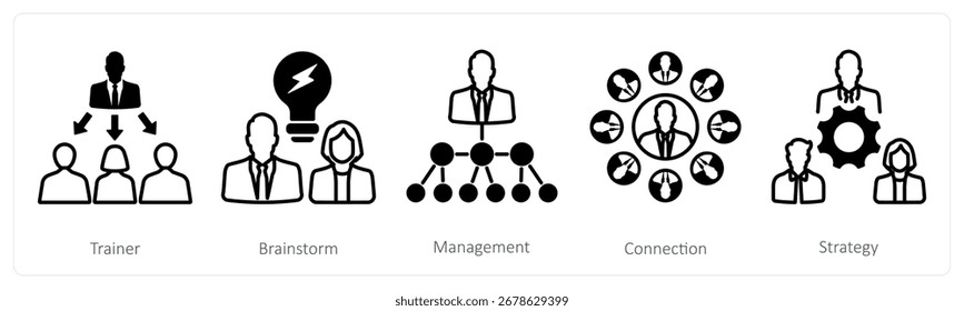 Ein Satz von 5 Mix-Icons als Trainer, Brainstorm, Management