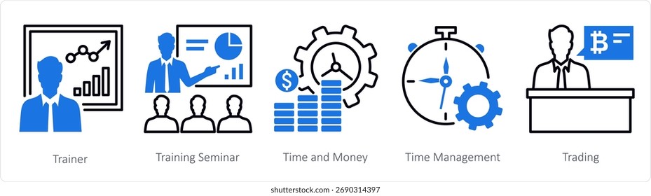 Eine Reihe von 5 Mix-Icons als Trainer, Trainingsseminar, Zeit und Geld,