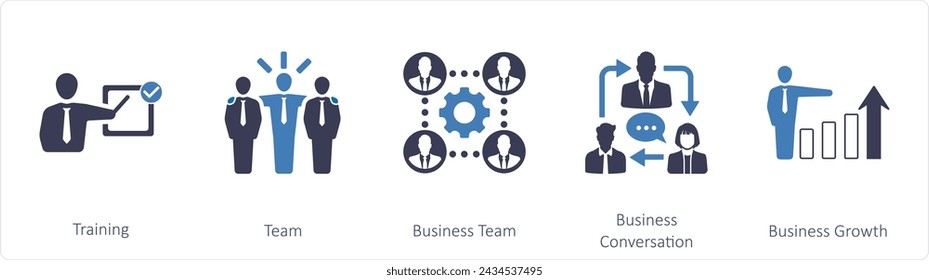 A set of 5 mix icons as training, team, business team