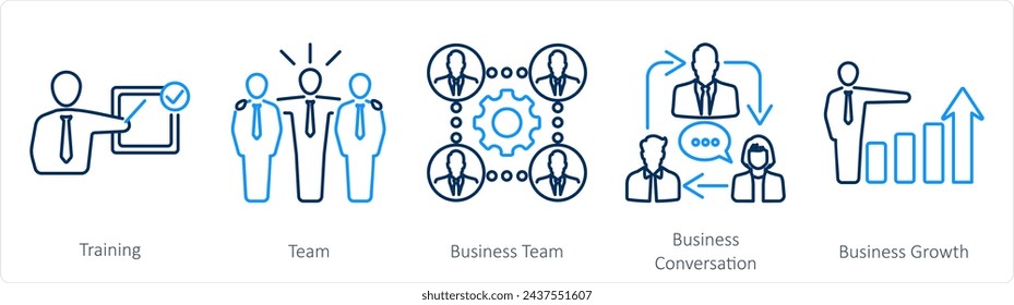 Un conjunto de 5 iconos de mezcla como entrenamiento, equipo, equipo de negocios