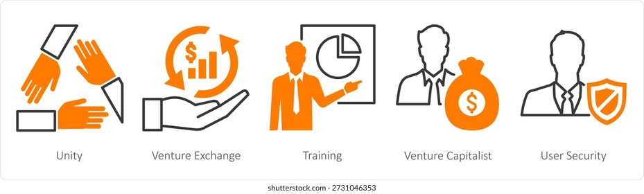A set of 5 mix icons as unity, venture exchange, training