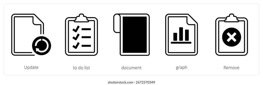 Um conjunto de 5 ícones mistos como atualização, lista de tarefas pendentes, documento