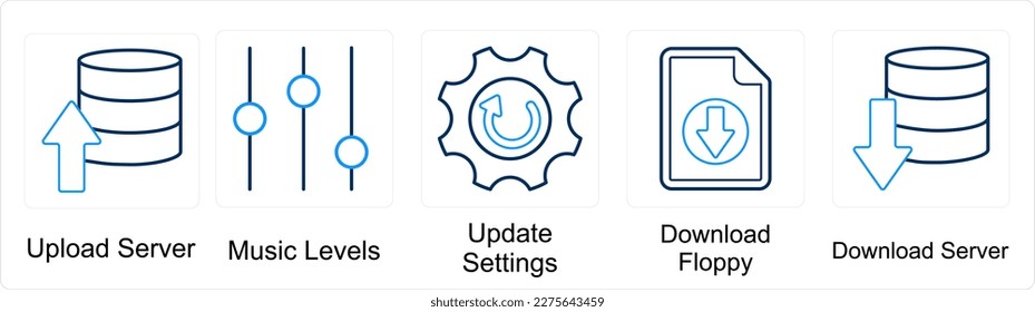 A set of 5 mix icons as upload server, music levels, update settings