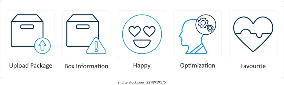 A set of 5 mix icons as upload package, box information, happy
