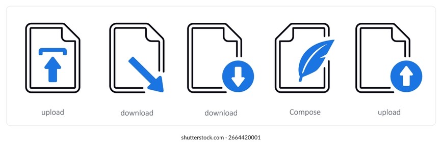 Ein Satz von 5 Mix-Icons als Upload, Download, Komponieren