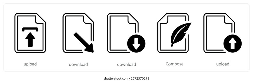 Ein Satz von 5 Mix-Icons als Upload, Download, Komponieren