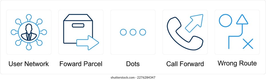 A set of 5 mix icons as user network, forward parcel, dots