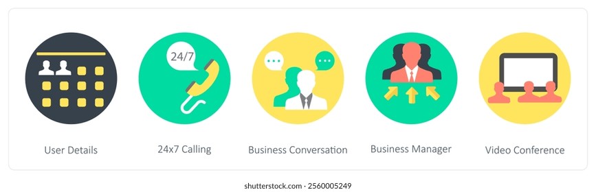 A set of 5 mix icons as user details, 24x7 calling, business conversation