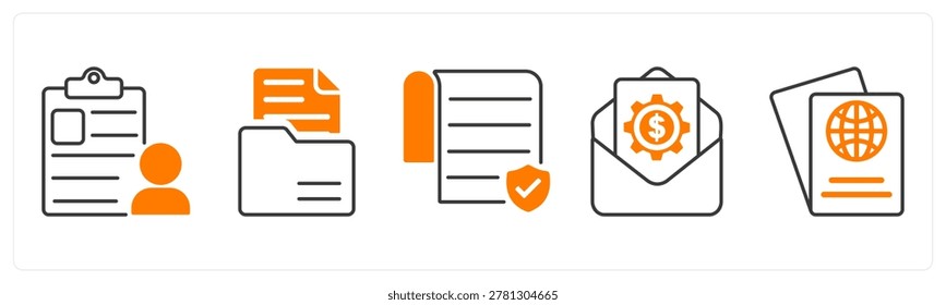 A set of 5 mix icons as user details, folder, authorship