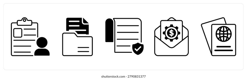 A set of 5 mix icons as user details, folder, authorship