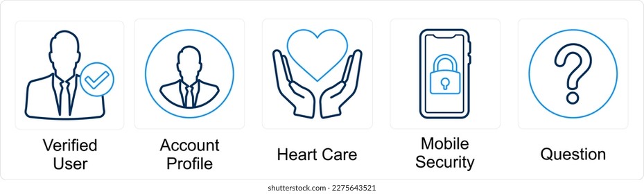 A set of 5 mix icons as verified user, account profile, heart care
