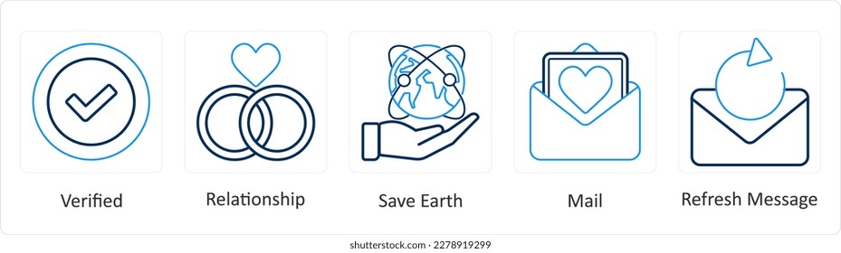 A set of 5 mix icons as verify, relationship, save earth