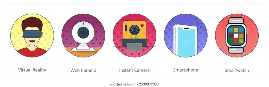 A set of 5 Mix icons as virtual reality, web camera, instant camera