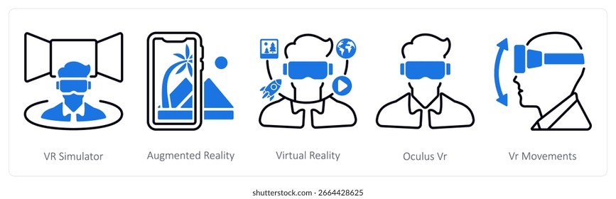 A set of 5 mix icons as vr simulator, augmented reality, virtual reality